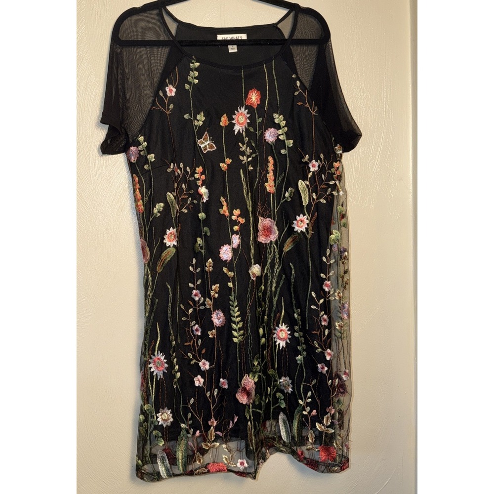 Black Embroidered Floral Dress Size Large Y2K Goth Floral Festival Cottagecore L